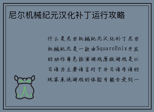 尼尔机械纪元汉化补丁运行攻略