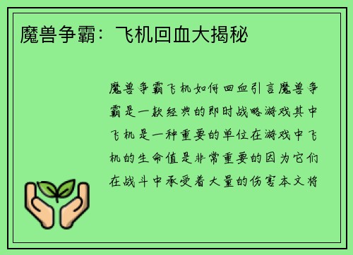 魔兽争霸：飞机回血大揭秘
